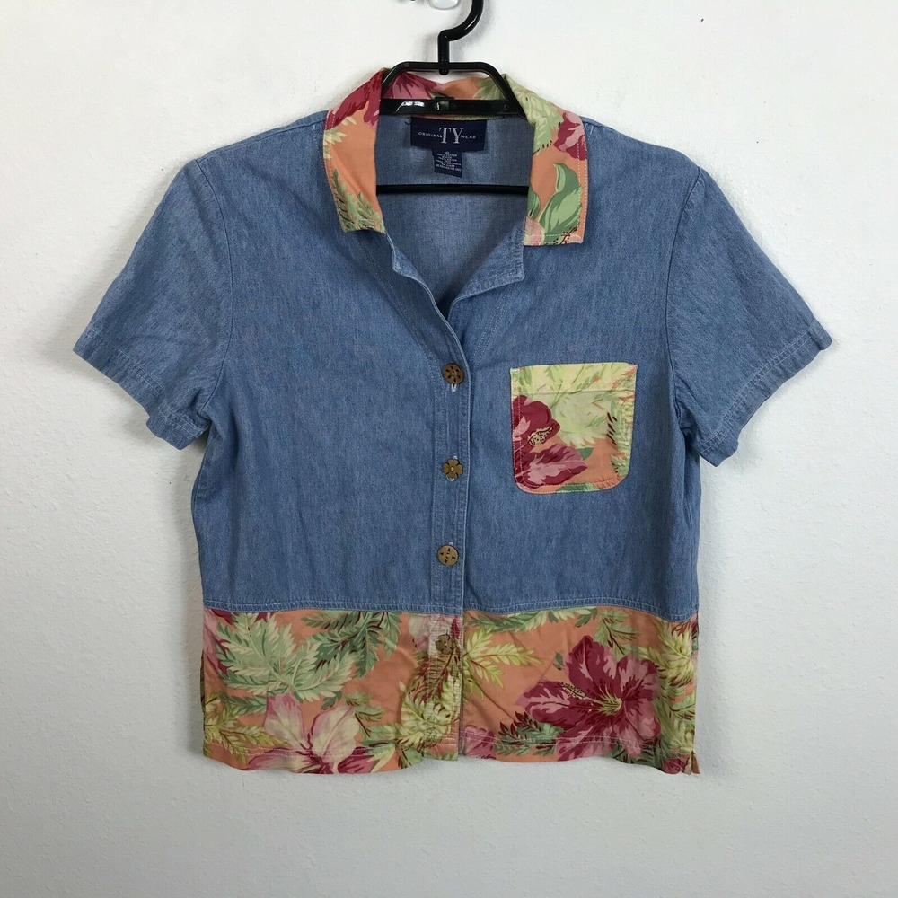 Vintage TY Wear Hawaiian Shirt Blouse Size 10 Multicolor Floral Short Sleeve‎